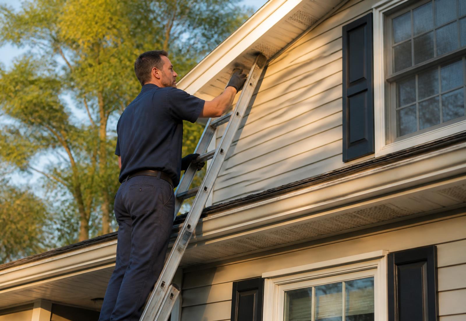 Wildlife control technician on a ladder inspecting the soffit and roofline of a home
